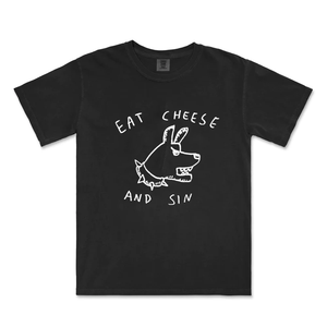 Eat Cheese And Sin Tee by Lonely Kids Club. All clothing from our T-shirts to our shorts and hoodies are ethically made, and printed packed and shipped from Sydney.