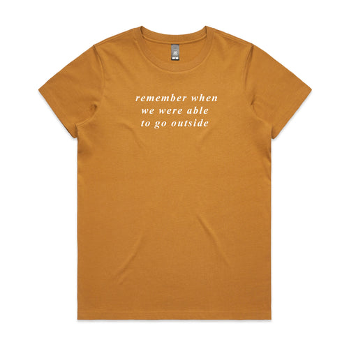 Remember Outside Tee by Lonely Kids Club. All clothing from our T-shirts to our shorts and hoodies are ethically made, and printed packed and shipped from Sydney.