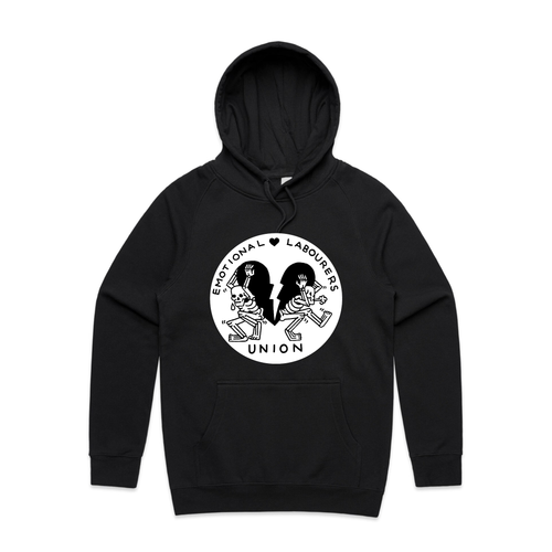 Emotional Labourer's Union Hoodie by Lonely Kids Club. All clothing from our T-shirts to our shorts and hoodies are ethically made, and printed packed and shipped from Sydney.