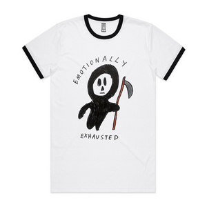 Emotionally Exhausted Ringer Tee by Lonely Kids Club. All clothing from our T-shirts to our shorts and hoodies are ethically made, and printed packed and shipped from Sydney.