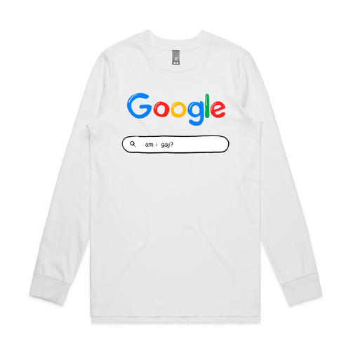 Google Am I Gay Tee by Lonely Kids Club. All clothing from our T-shirts to our shorts and hoodies are ethically made, and printed packed and shipped from Sydney.